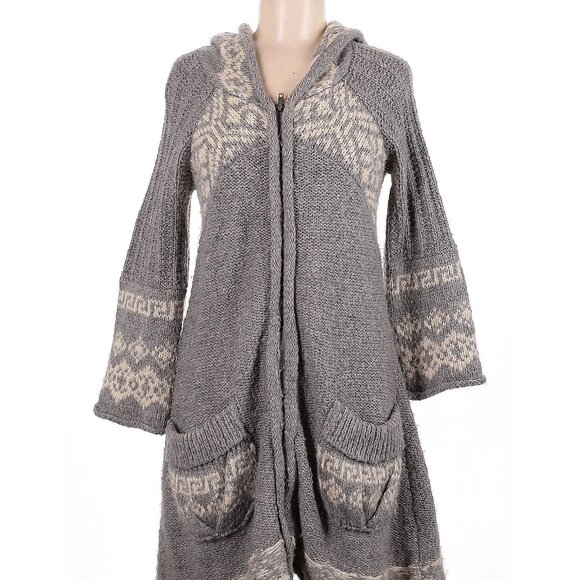 🧣 Free People Hooded Knit Cardigan – Gray Cream Geometric - Main Image